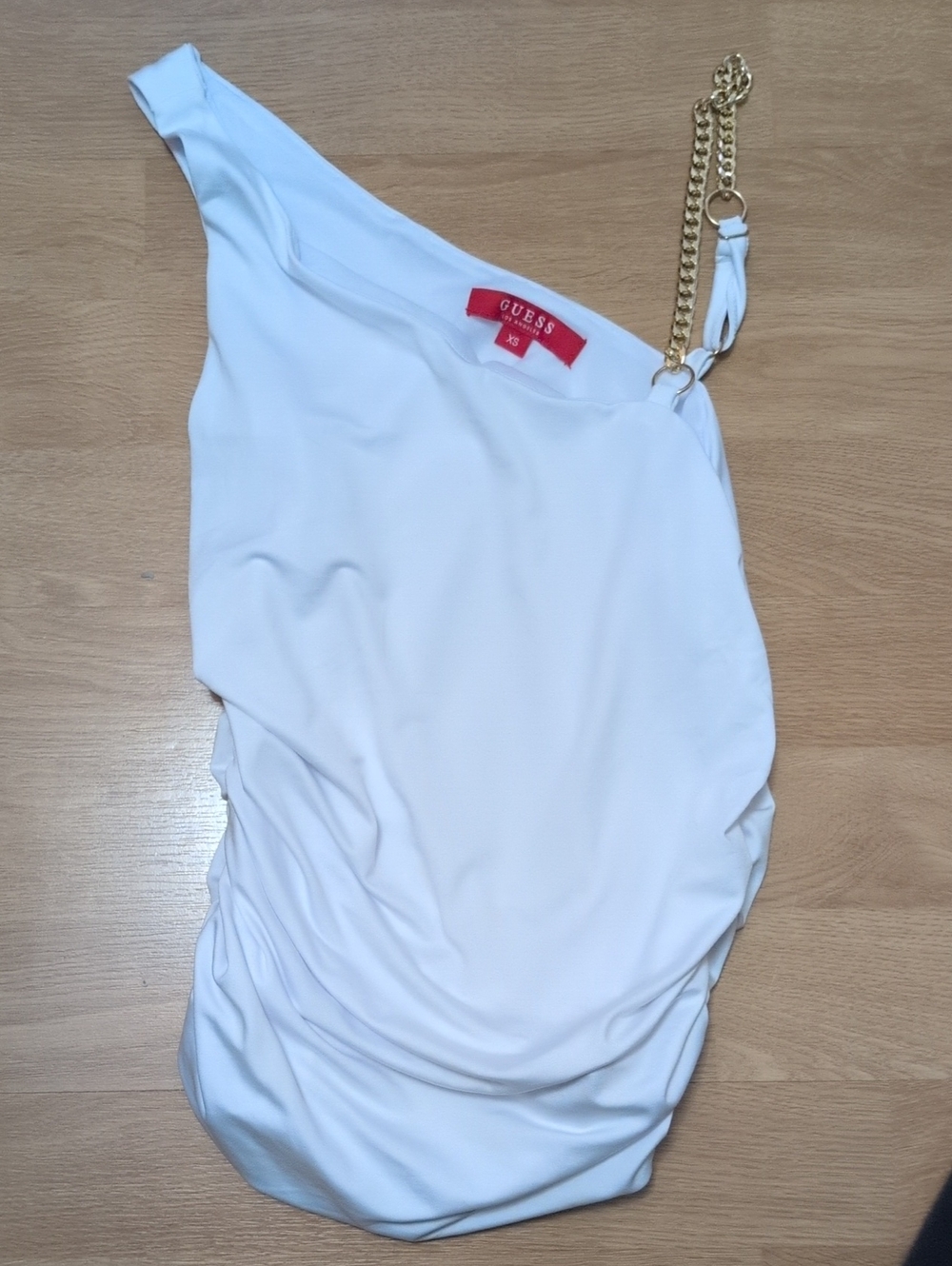 GUESS White One-Shoulder Dress with Gold Chain Strap